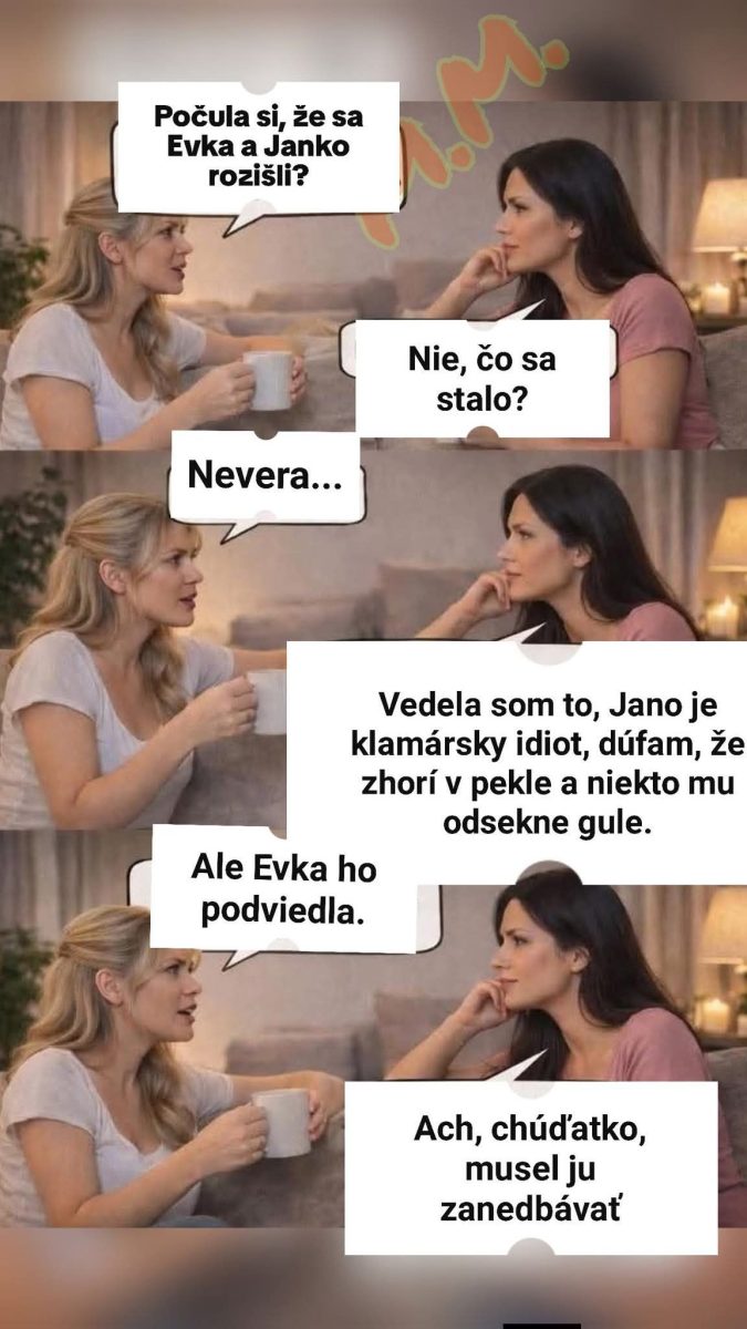 Dvaja priatelia diskutujú o rozchode páru kvôli nevere a vyjadrujú svoj názor na situáciu.