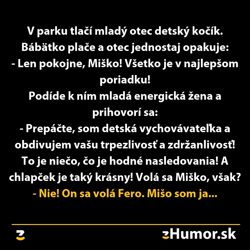 Vtip s otcom utišujúcim dieťa a prekvapivou pointou o menách v parku.