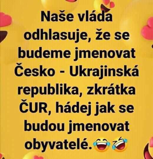 Vtipný obrázok o fiktívnom premenovaní krajiny na „Česko - Ukrajinská republika“ so skratkou ČUR.