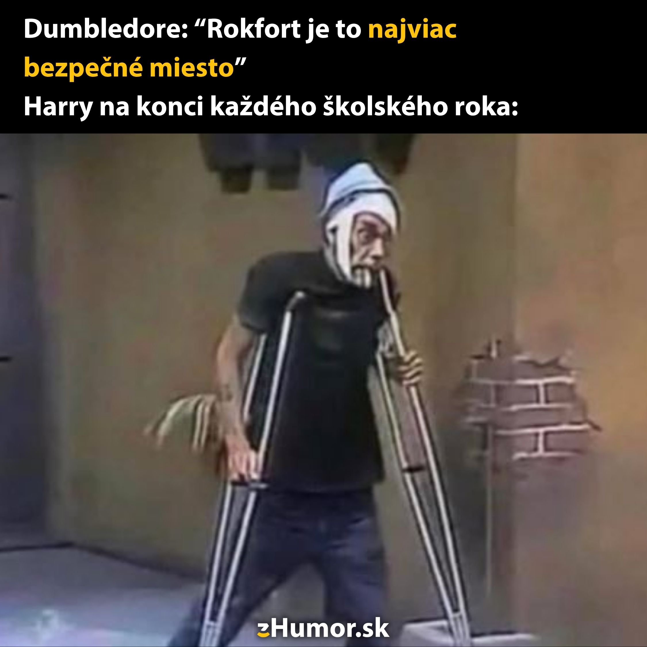 Muž s barlami zranený po nehode, paroduje bezpečnosť v Rokforte, humorný text o školskom roku.