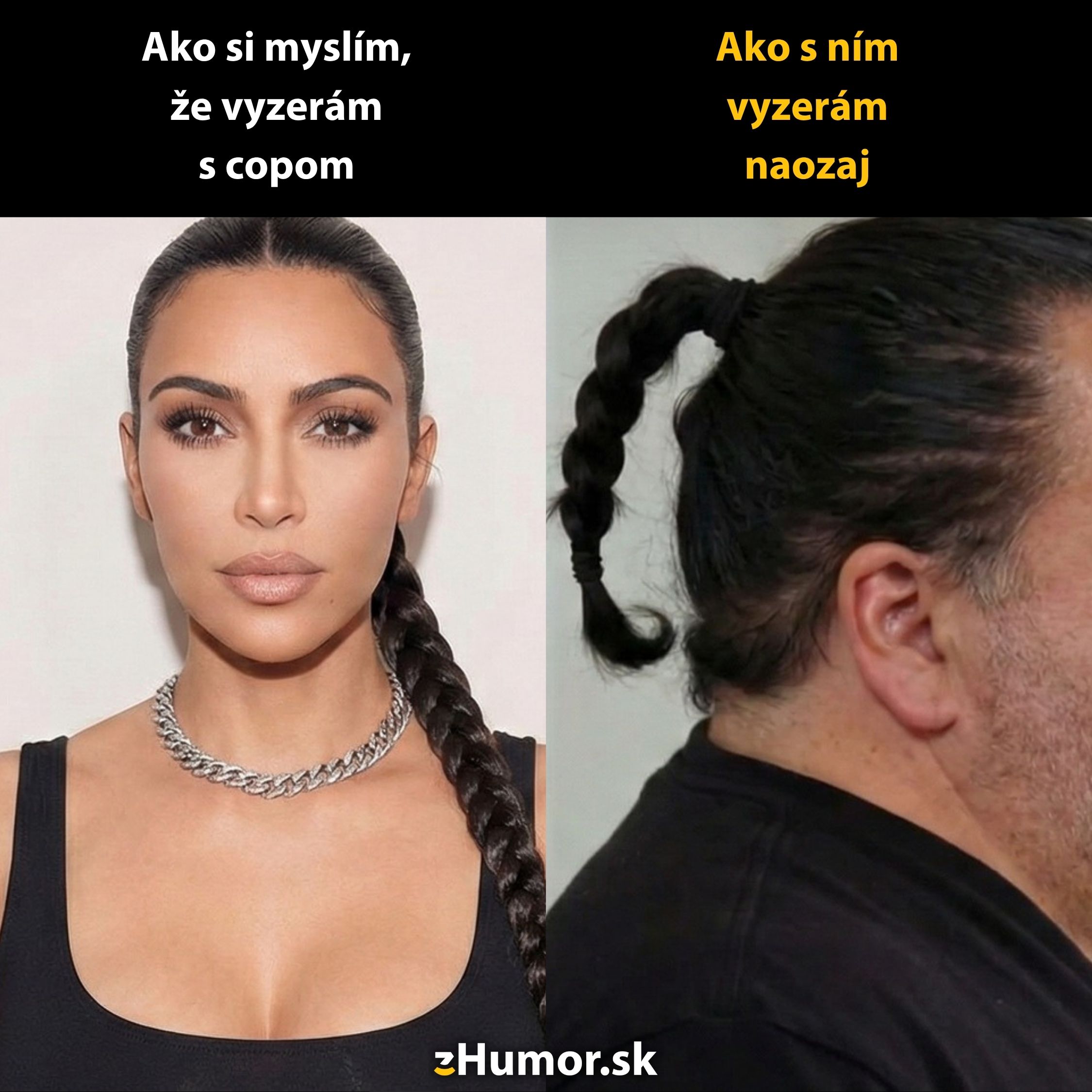 Žena s elegantným copom v porovnaní so skutočným vzhľadom bežného copu u muža vtipne zobrazeným.
