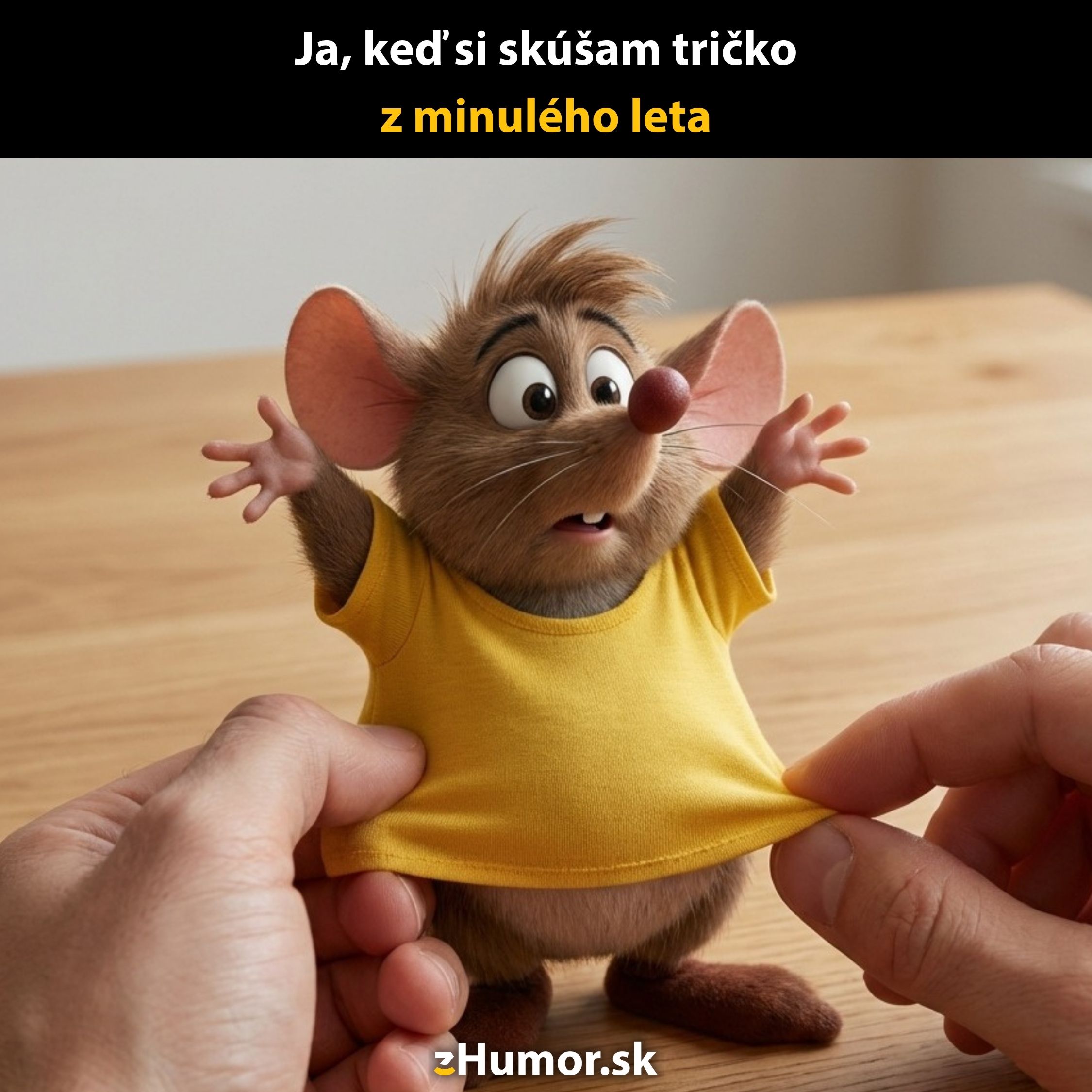 Myš v žltom tričku je prekvapená, keď si skúša tričko, ktoré je malé. Humor na tému oblečenia zo starého leta.