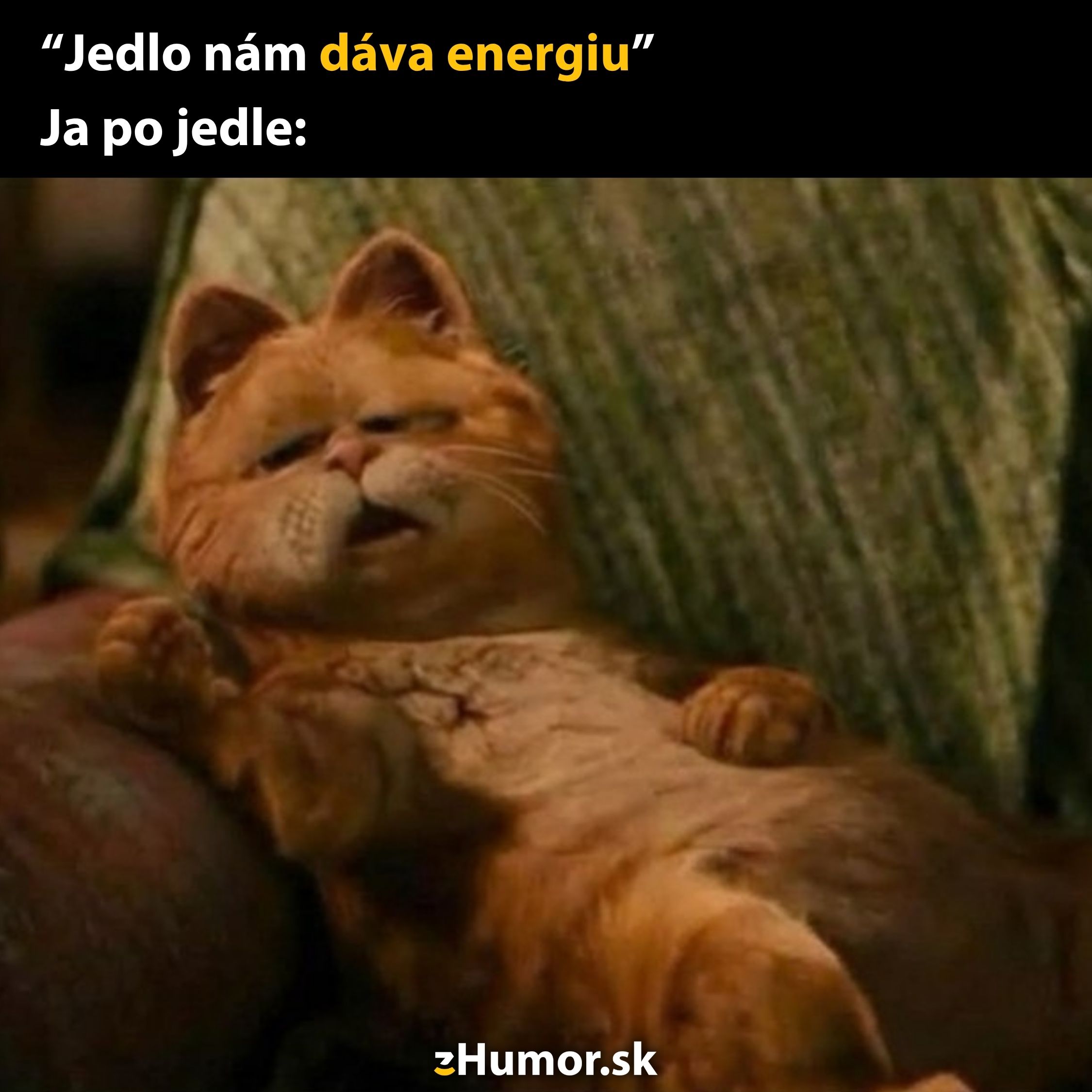 Lenivá oranžová mačka leží na gauči s výrazom únavy, nápis: Jedlo nám dáva energiu – Ja po jedle.