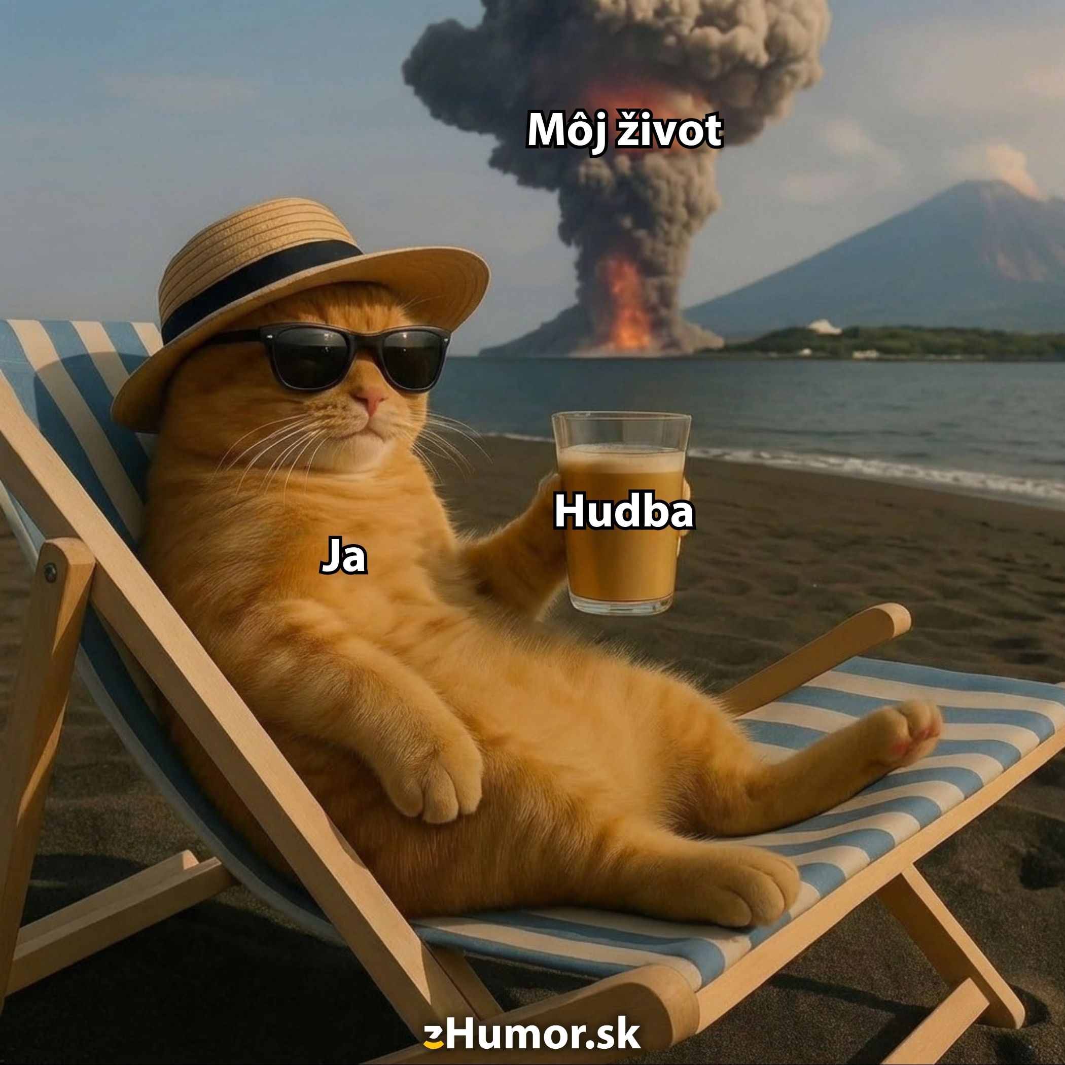 Mačka v klobúku v lehátku na pláži s nápojom, pokojná navzdory výbuchu sopky v pozadí.
