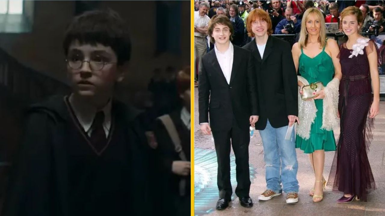 Mladý čarodejník a herecké obsadenie sa zúčastňujú filmovej premiéry v elegantnom oblečení.