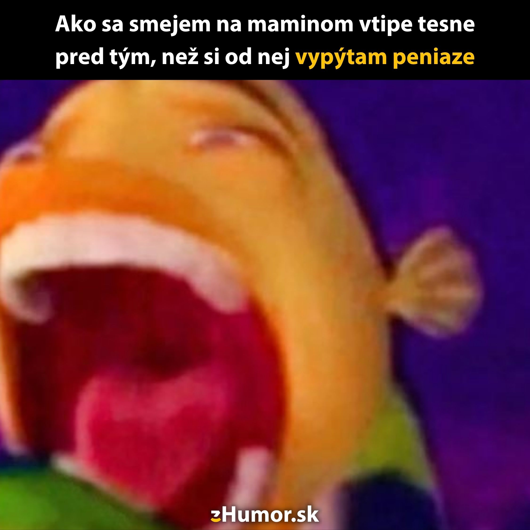 Smajlík sa smeje na vtipe, vtipný moment pred žiadaním peňazí od mamy, výrazne červené ústa a pestré farby.