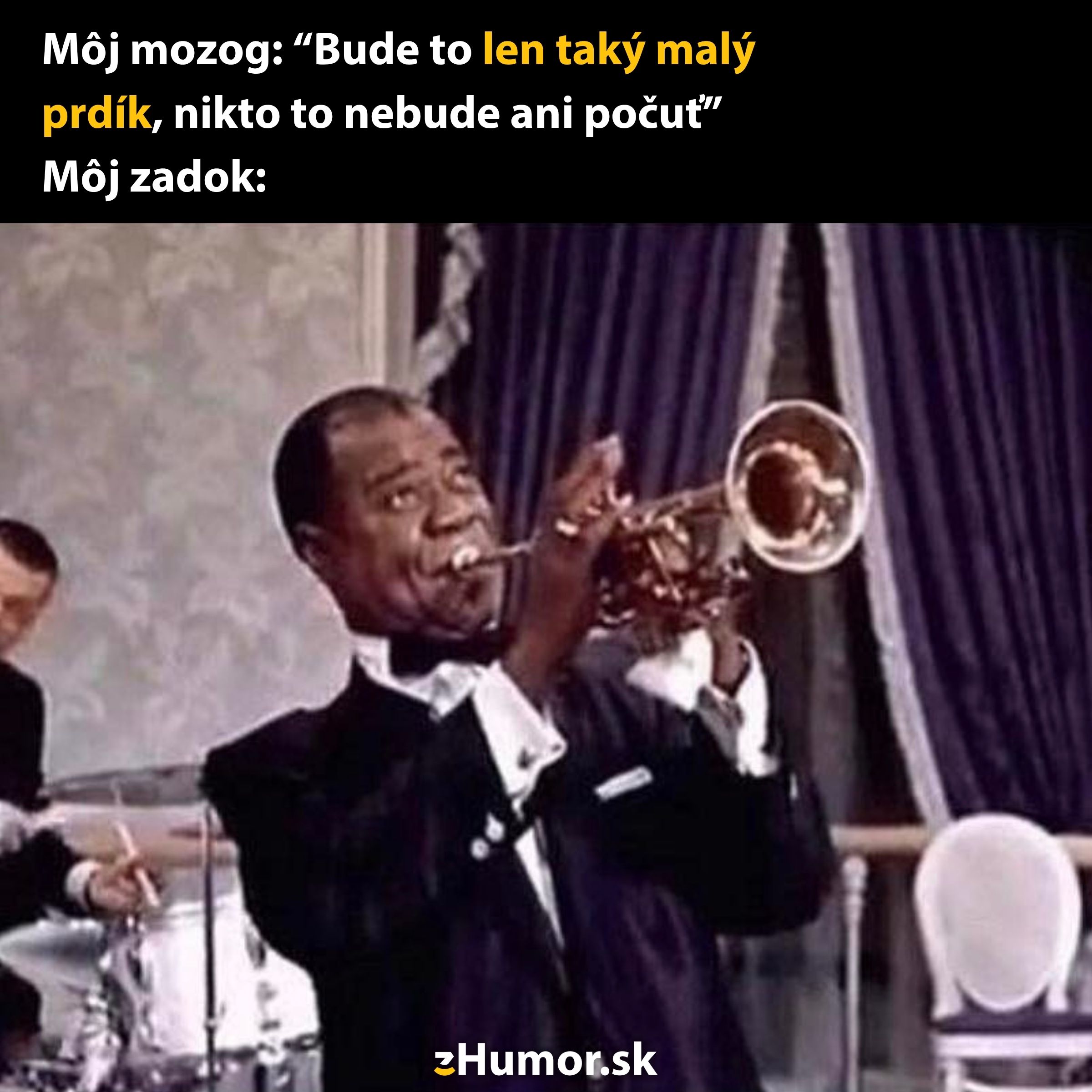 Muzikant hrajúci na trúbke s vtipným textom o neočakávanom zvuku, ktorý sa vymkol kontrole.