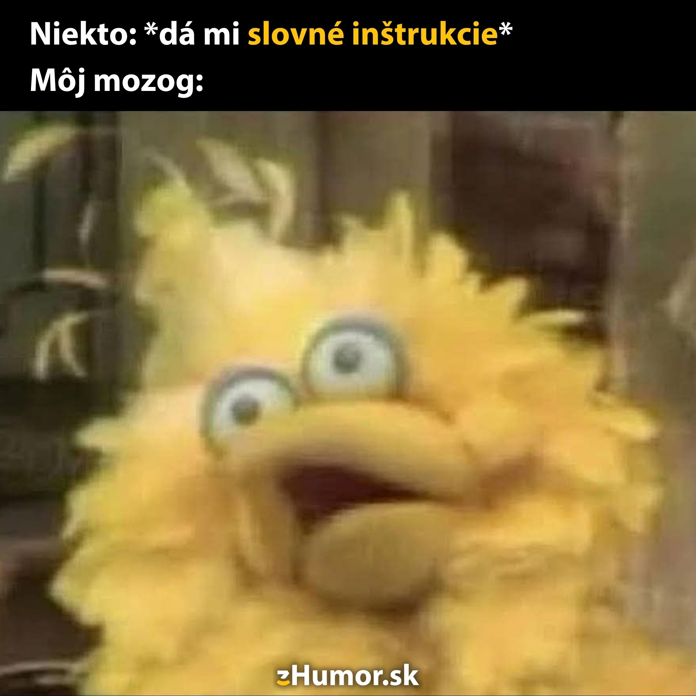 Zmätený žltý vták reaguje na slovné inštrukcie, humoristický kontext zobrazený na obrázku s textom.