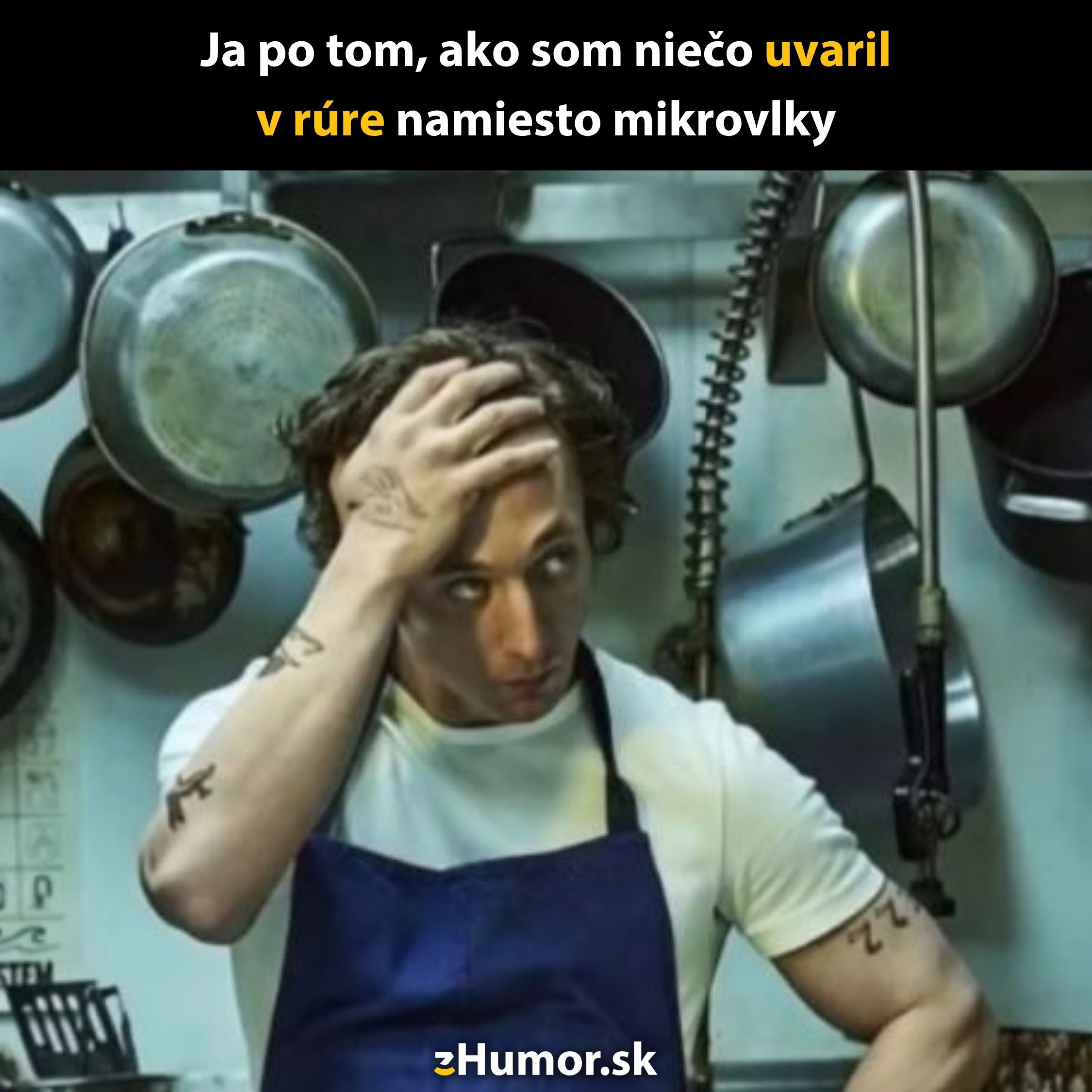 Muž v kuchyni, s modrou zásterou, bezradne drží hlavu. Vtipný popis o varení v rúre namiesto mikrovlnky.
