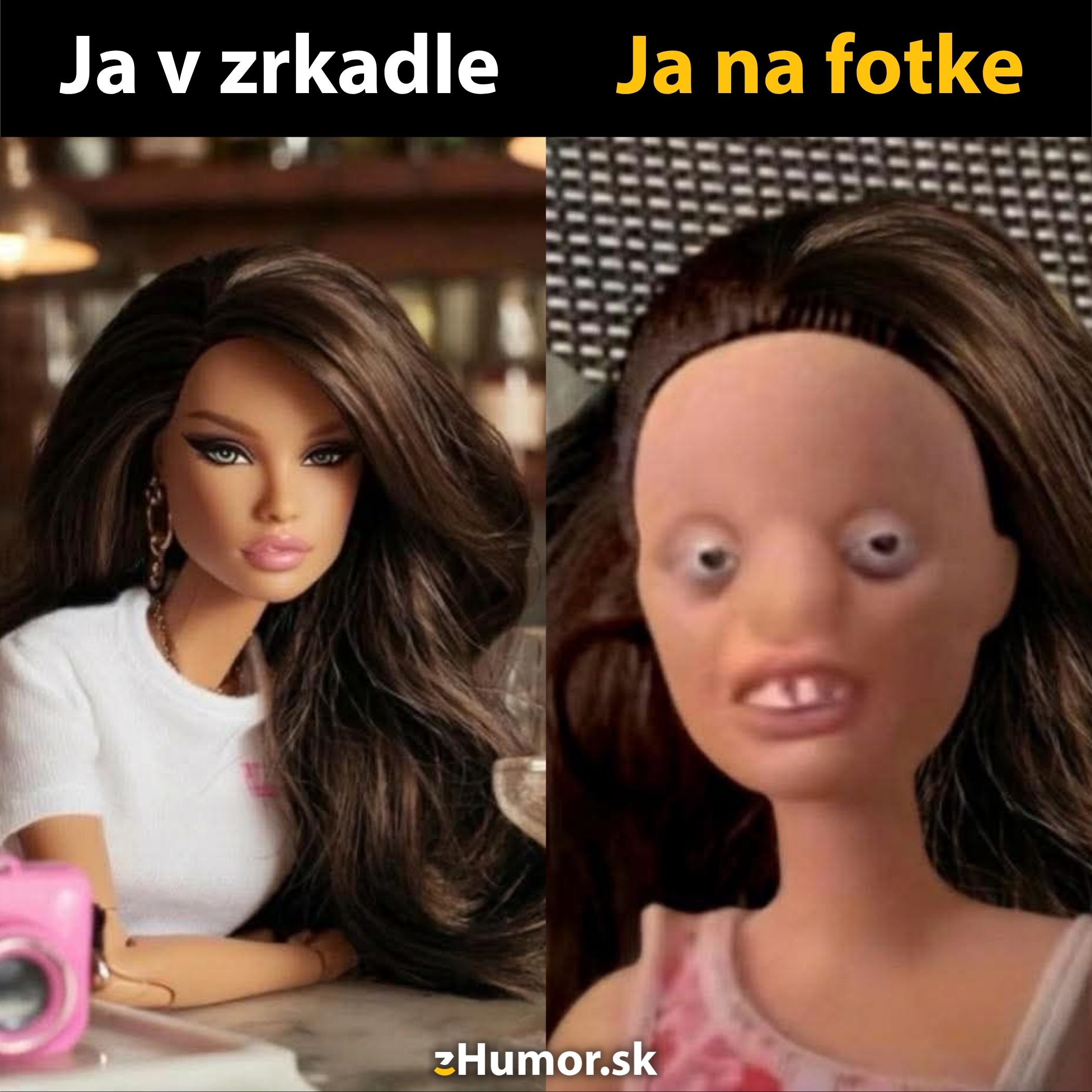 Bábika v zrkadle vs. bábika na fotke, humoristické porovnanie vzhľadu.
