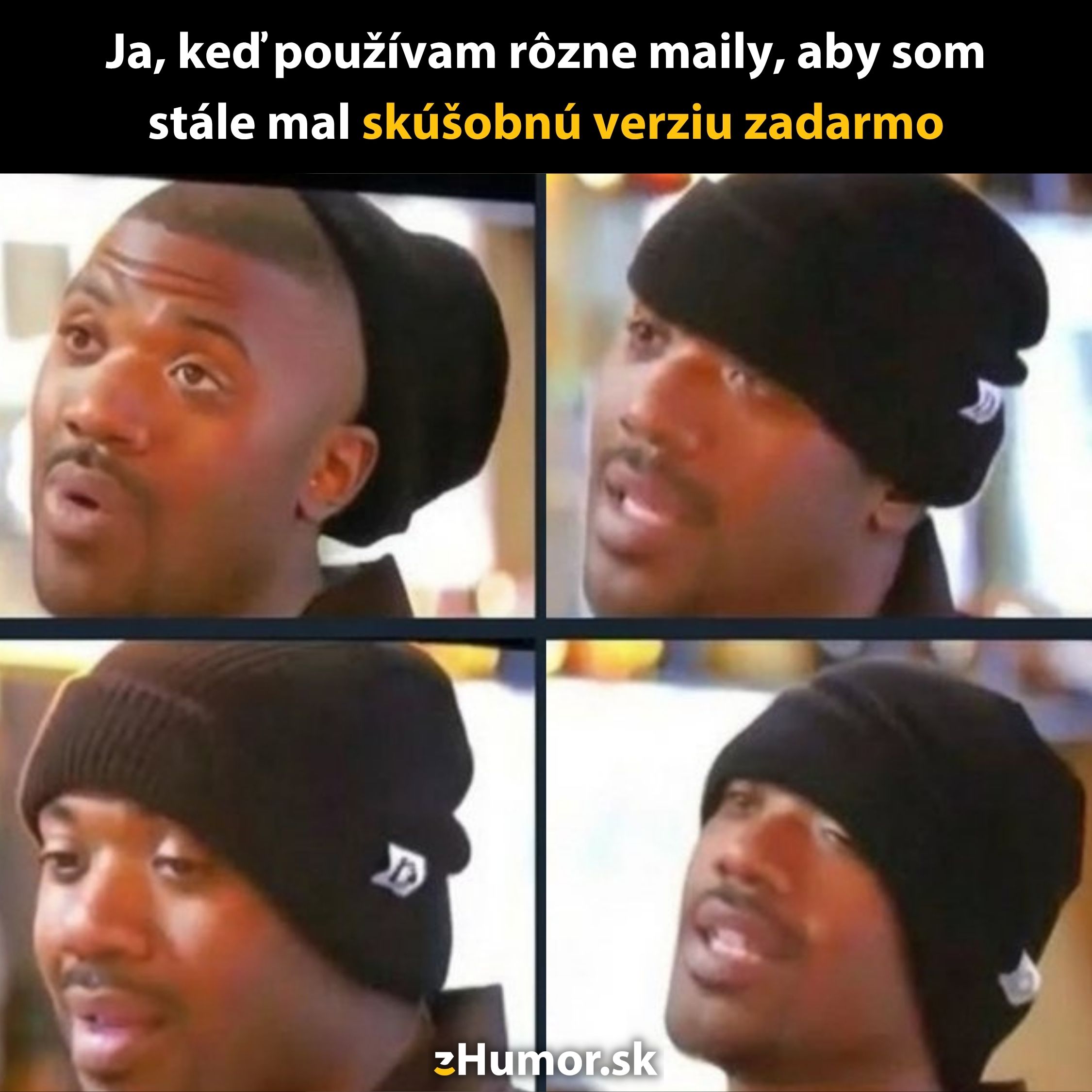 Muž s rôznymi výrazmi tváre, keď používa rôzne maily na získanie skúšobnej verzie zdarma.