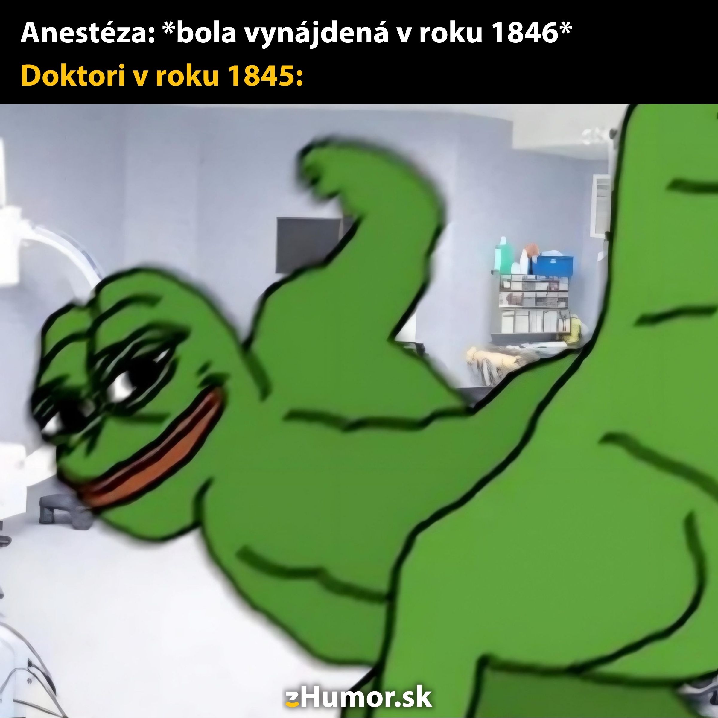 Doktor vtipne tancuje pred vynájdením anestézie v roku 1846, kreslená postavička v operačnej sále.