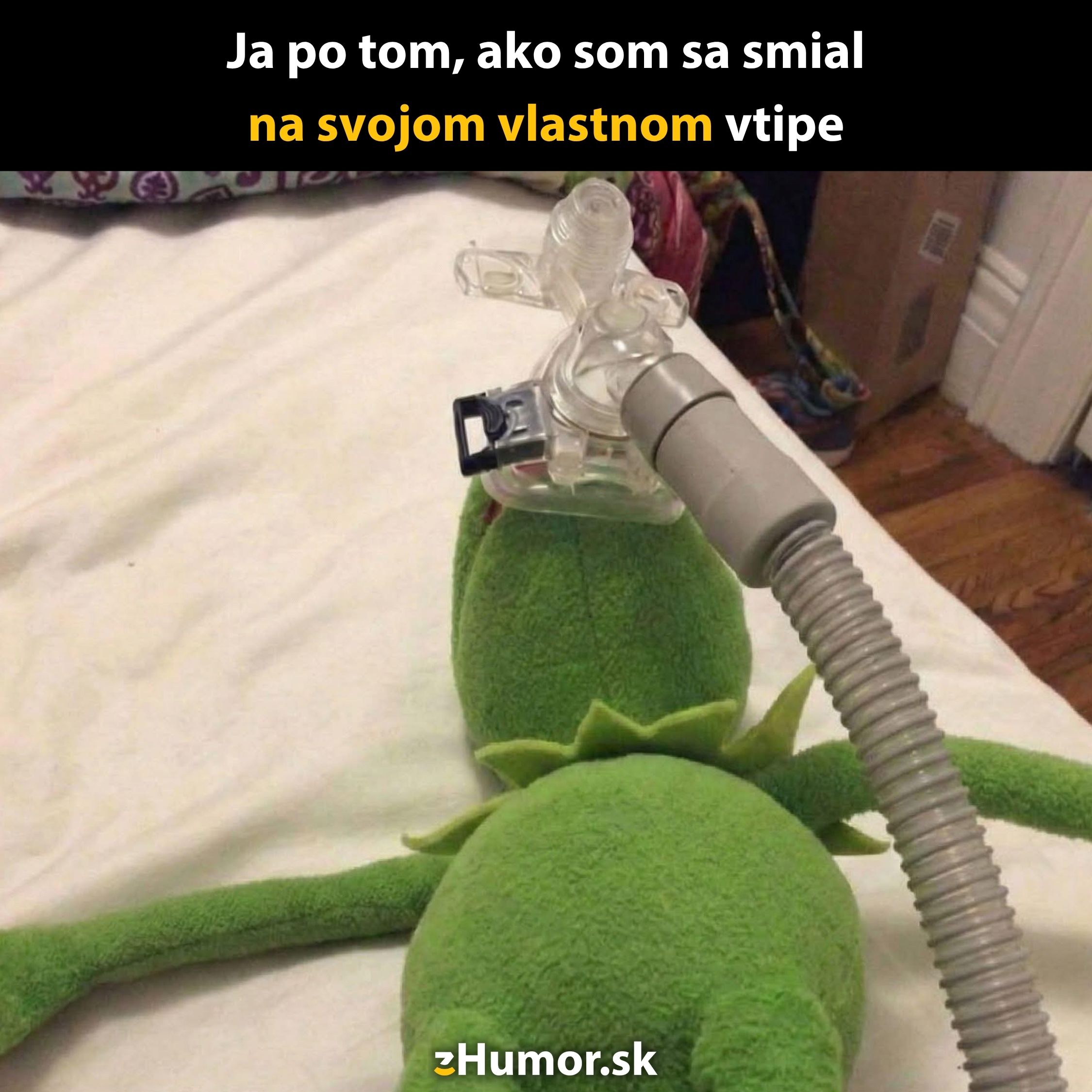 Žaba s kyslíkovou maskou leží na posteli, s textom: Ja po tom, ako som sa smial na svojom vlastnom vtipe.