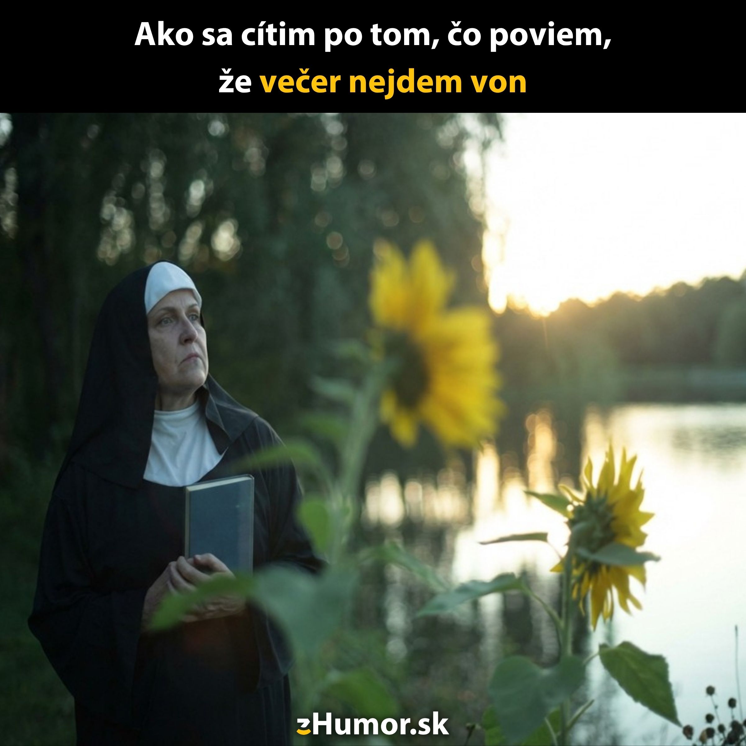 Mníška s knihou pri jazere za súmraku so slnečnicami na popredí, premýšľajúca o večernom pláne.