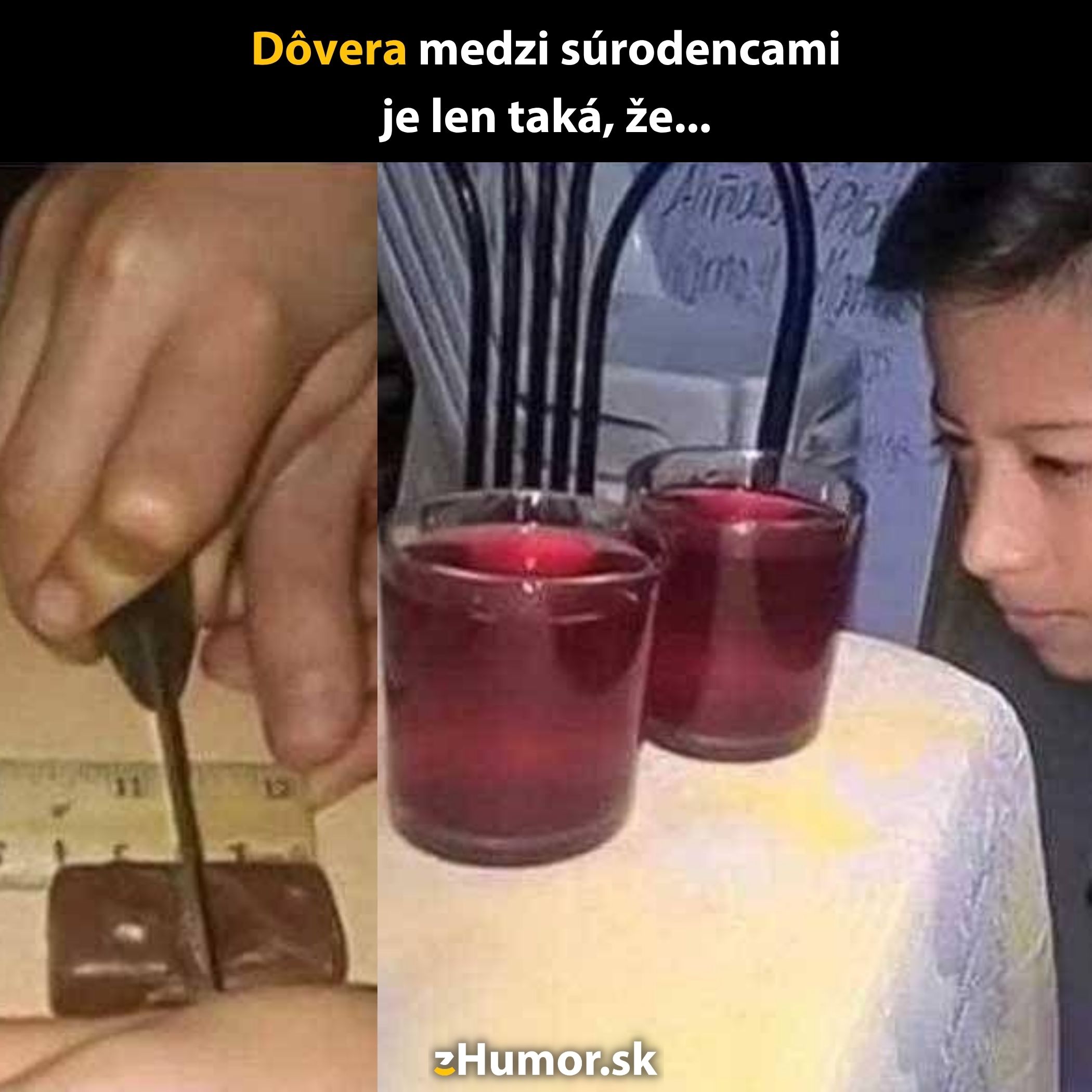 Dieťa meria čokoládu, druhé pozoruje poháre na stole. Text hovorí o dôvere medzi súrodencami.