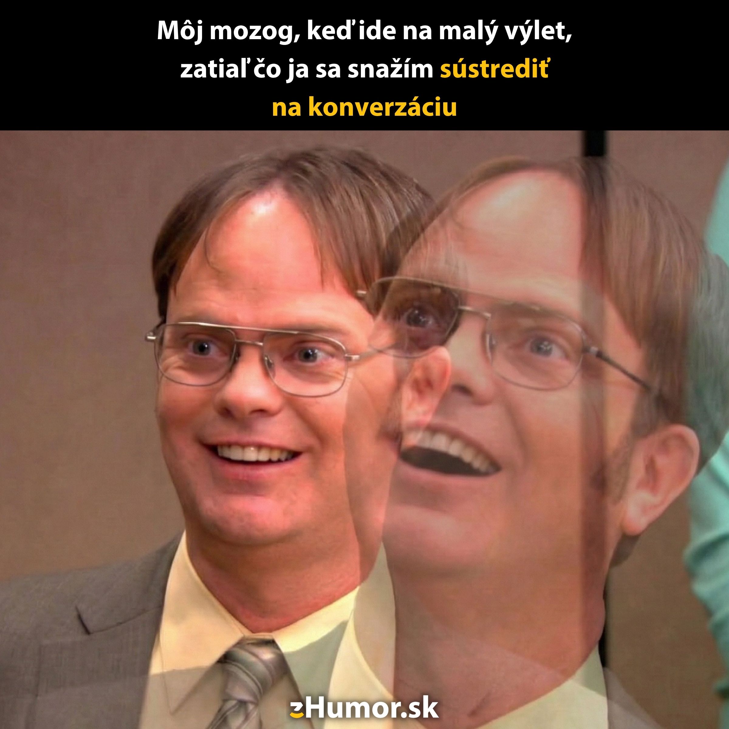 Dvojitý obraz muža v obleku so satirickým textom o sústredení sa na konverzáciu.