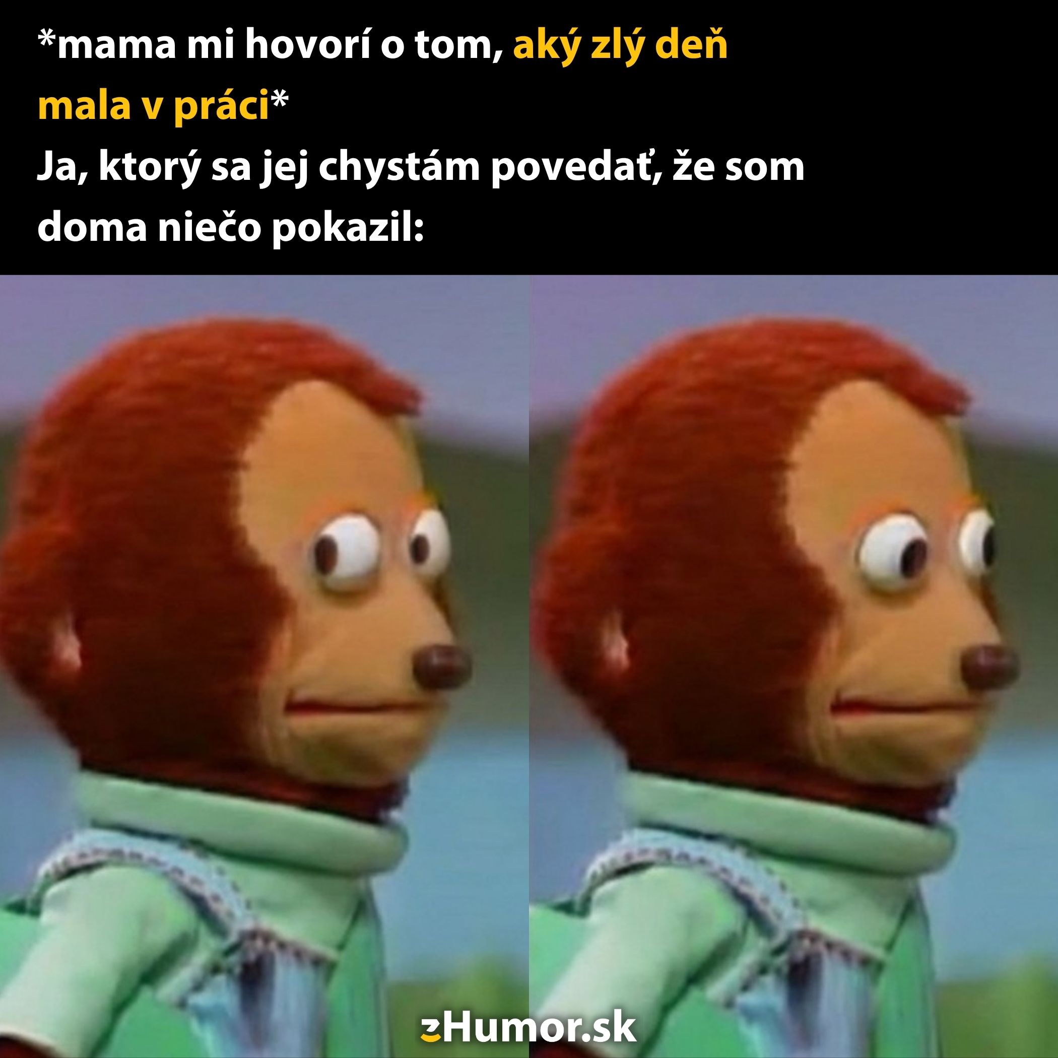 Zmätený výraz bábky pri počúvaní nepríjemnej správy, vtipný moment z relácie.
