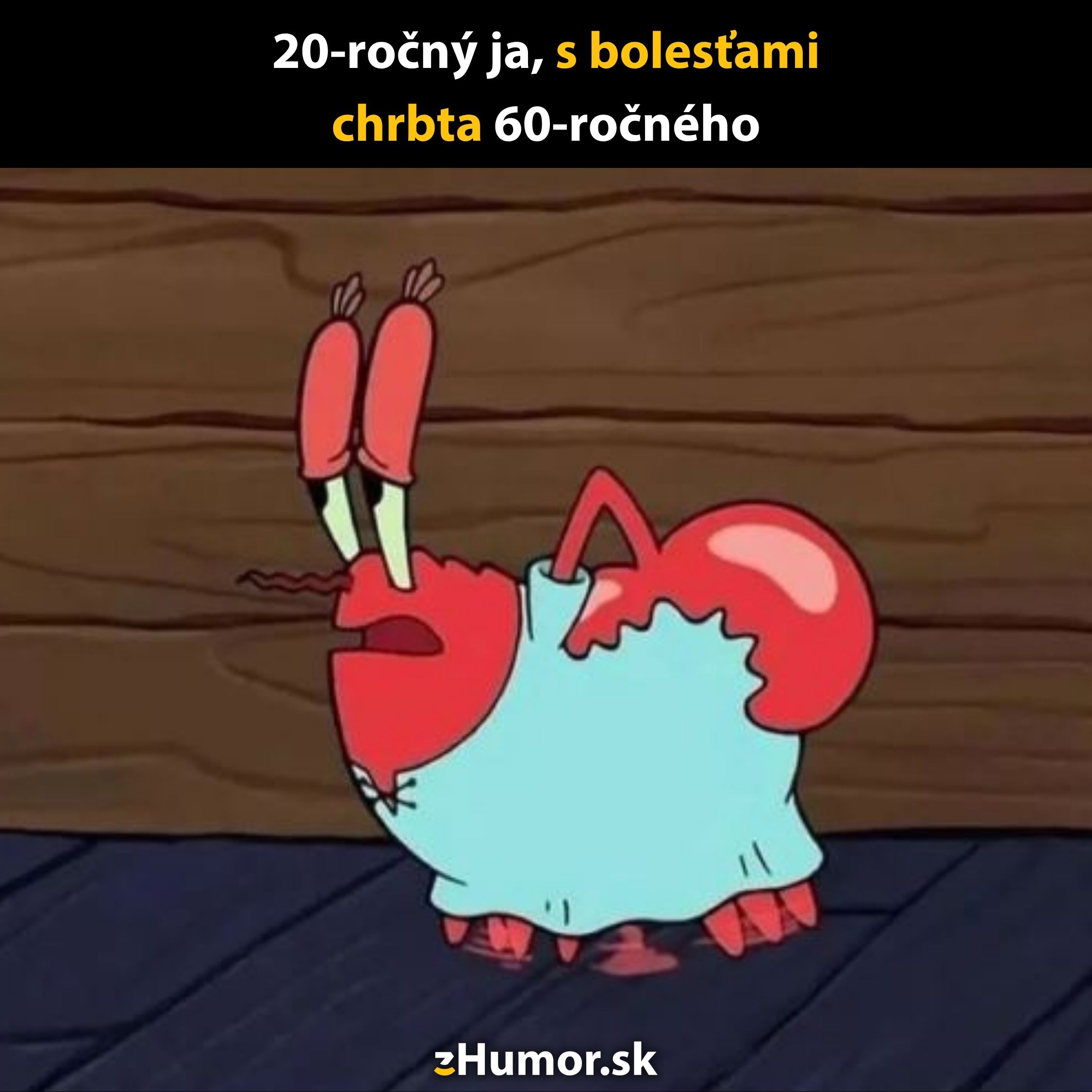 Kreslený krab s výrazom bolesti chrbta, text: 20-ročný ja, s bolesťami chrbta 60-ročného.