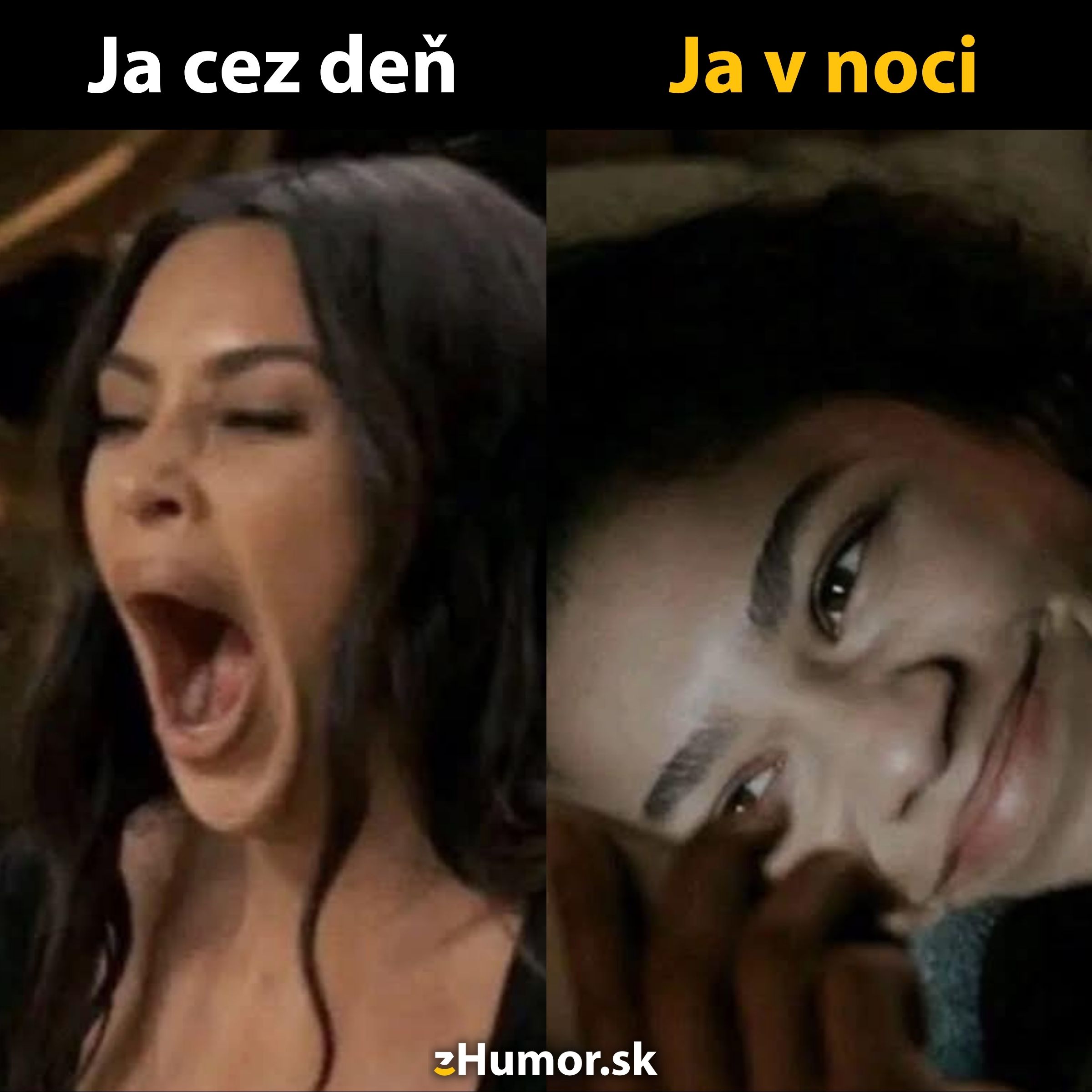 Denná únava vs. nočná energia; ľavá žena zíva, pravá žena sa usmieva.