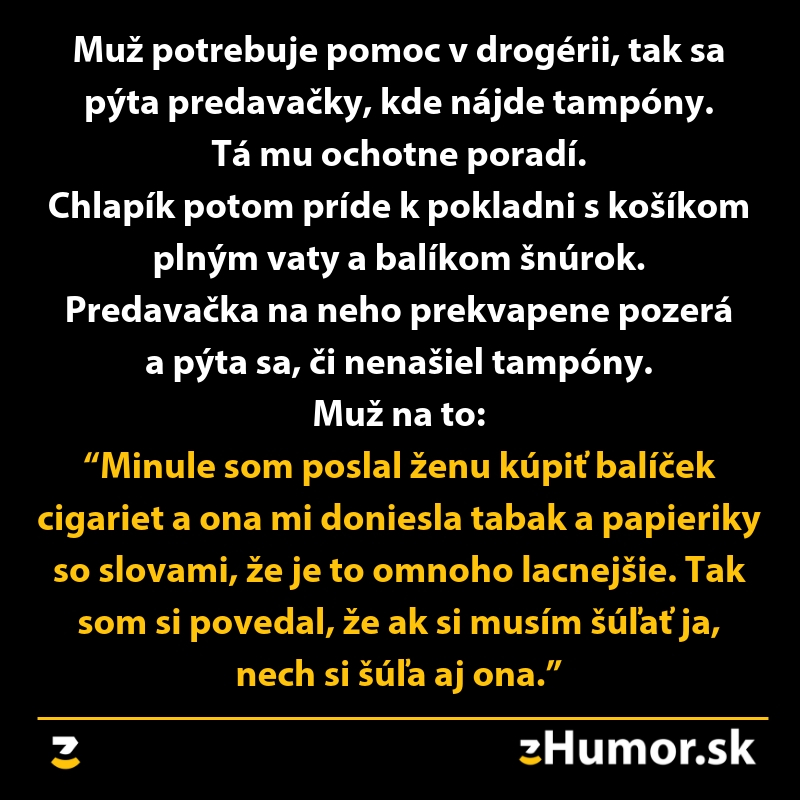 Humorný text o mužovi, ktorý kupuje alternatívy k tampónom po skúsenosti s cigaretami.