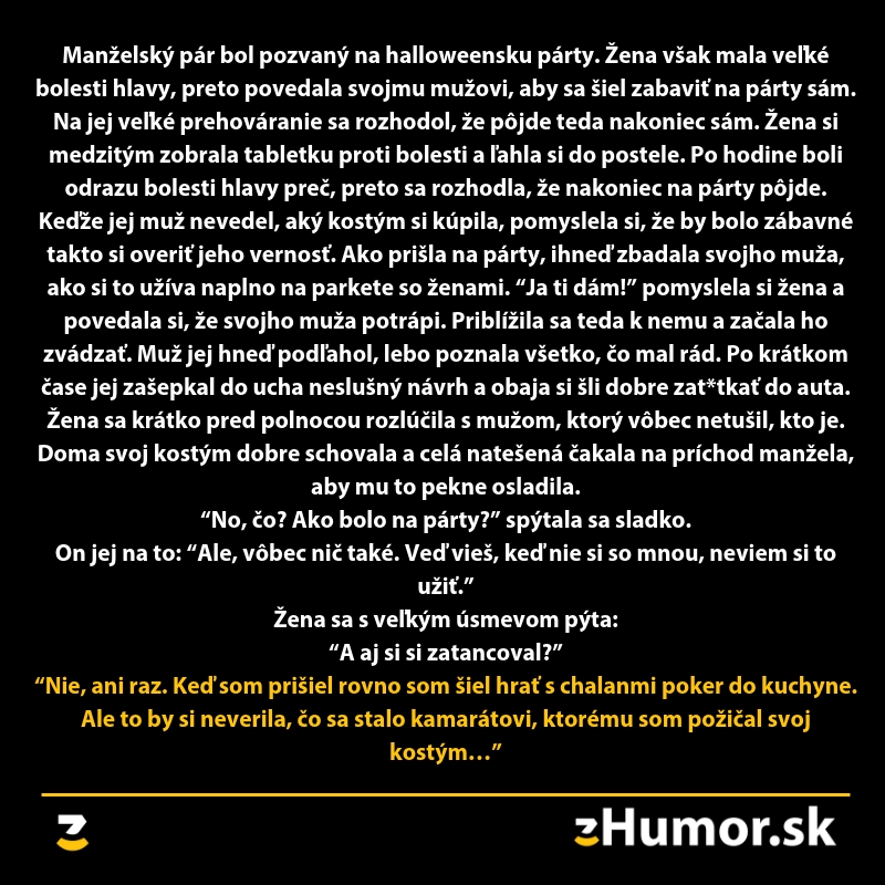 Vtipný text o halloween párty s prekvapivým záverom manželského páru.