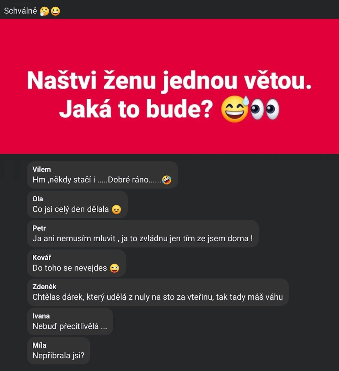 Obrázok obsahuje humorné otázky a odpovede o tom, ako prejaviť ženu, jednou vetou.