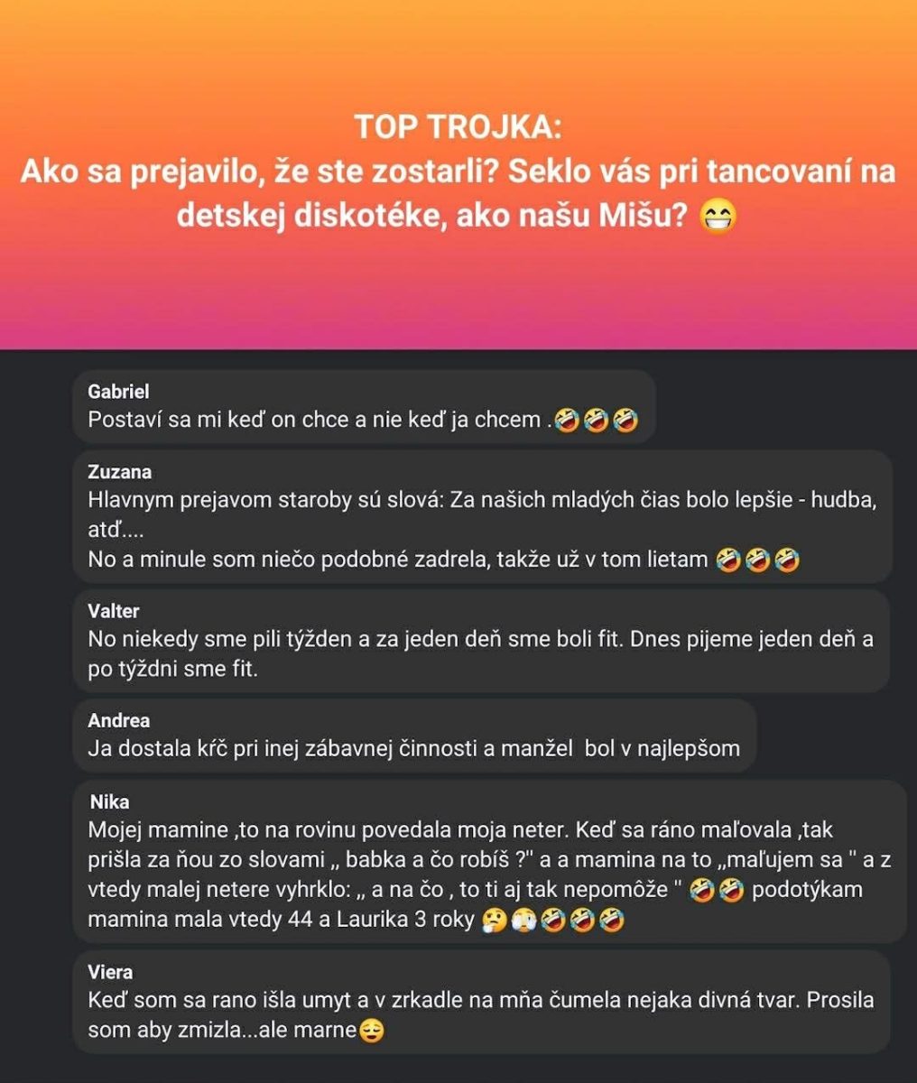 Textová konverzácia o známkach starnutia. Vtipné odpovede na otázku o starostiach pri tancovaní na diskotéke.