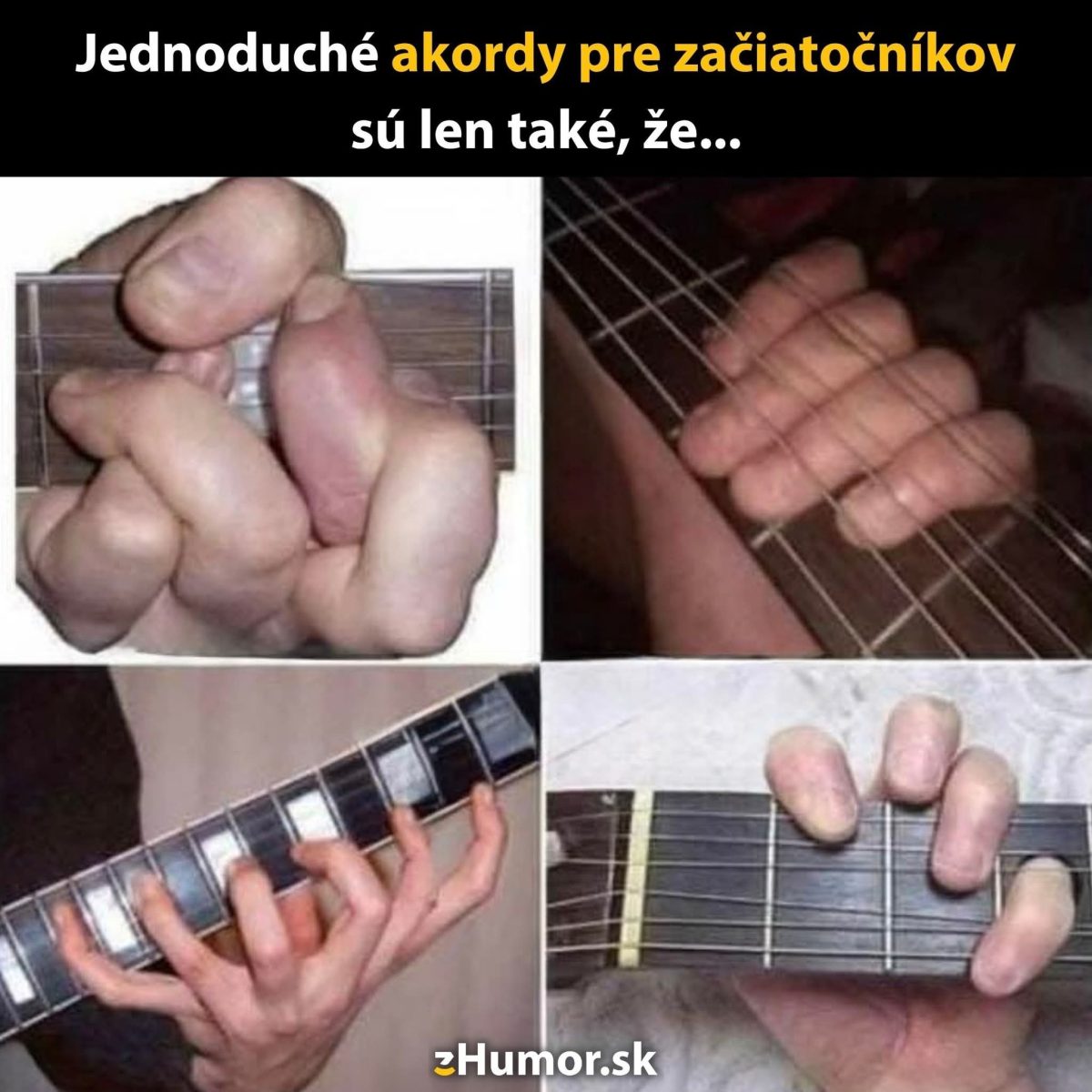 Začiatočnícke obtiaže s gitarovými akordmi: štyri vtipné pokusy o hru, ruky v nezvyčajných polohách na hmatníku.