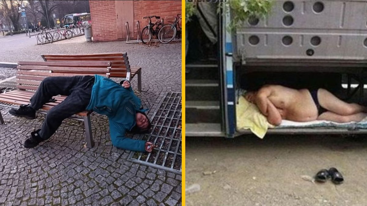 Osoba spí na lavičke vonku; ďalšia spí v priestore pod autobusom. Rôzne netradičné miesta na odpočinok.