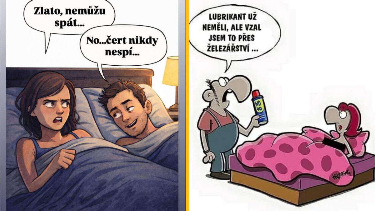 Dvojica v posteli s vtipnými bublinami: Zlato, nemôžem spať... a Lubrikant už nemali, vzal som to z železiarstva.