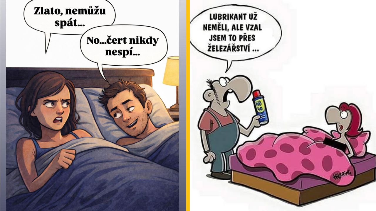 Dvojica v posteli s vtipnými bublinami: Zlato, nemôžem spať... a Lubrikant už nemali, vzal som to z železiarstva.