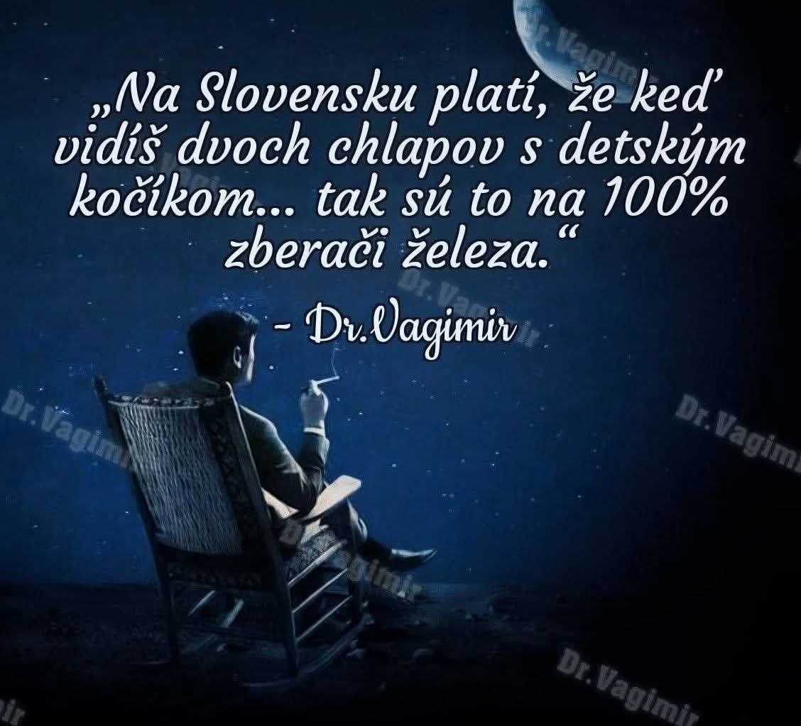 Na obrázku je muž v kresle, ktorý fajčí a pozerá na mesiac, s citátom o mužoch s detským kočíkom na Slovensku.