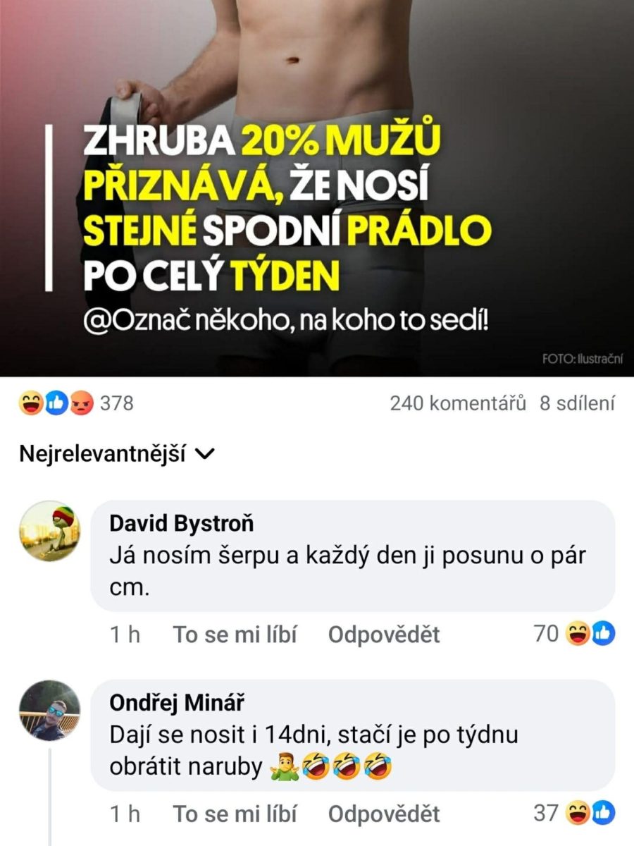 Ilustračný obrázok s textom: '20% mužov nosí rovnaké spodné prádlo celý týždeň.' Priestor pre označenie priateľov.