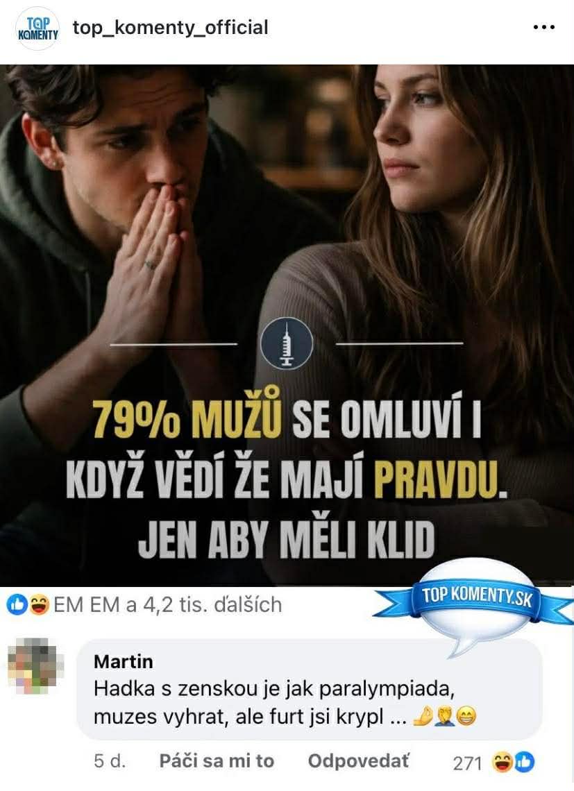 Muž a žena diskutujú; text hovorí o mužoch, ktorí sa ospravedlnia pre pokoj, aj keď majú pravdu.
