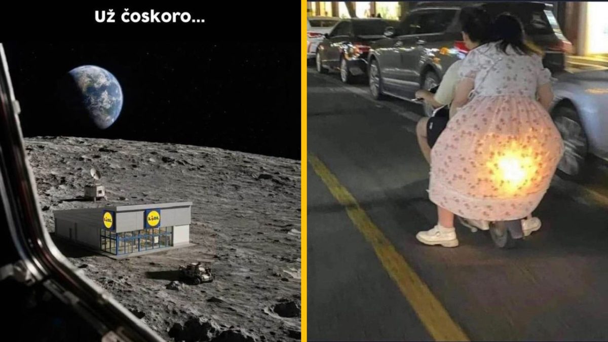 Mesiac s obchodom Lidl a žena na skútri so svetlom na ceste. Humor a absurdná fantázia.