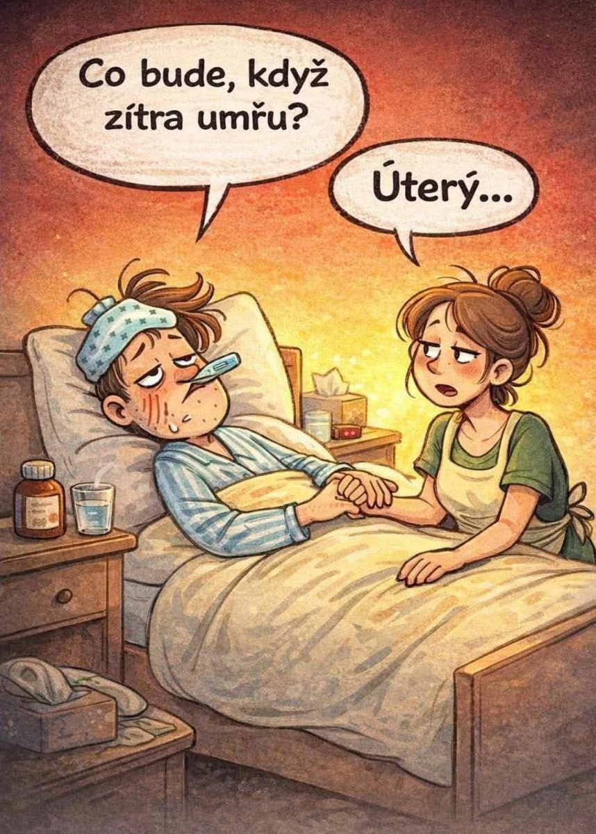 Chorý muž leží v posteli s teplomerom a rozpráva sa so ženou, ktorá ho drží za ruku.