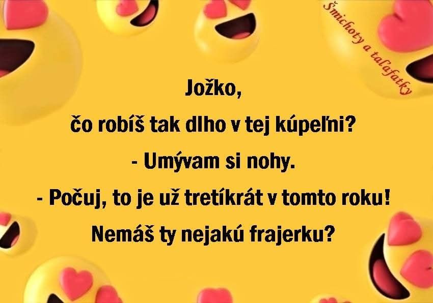 Vtipný text o Jožkovi v kúpeľni na žltom pozadí so smajlíkmi.