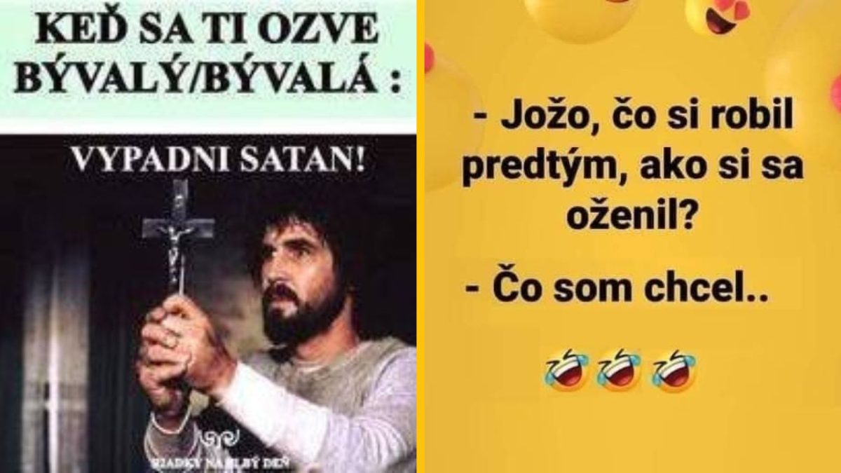 Muž s krížom a textom Vypadni Satan! vedľa vtipu o predmanželskom živote Joža.