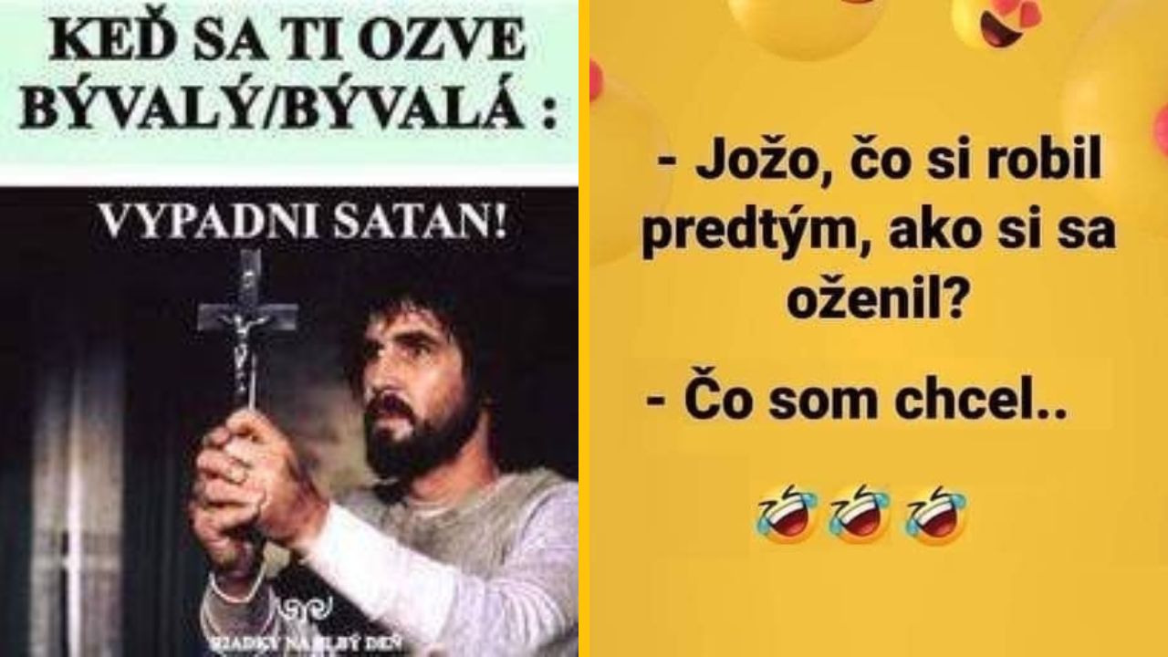 Muž s krížom a textom Vypadni Satan! vedľa vtipu o predmanželskom živote Joža.