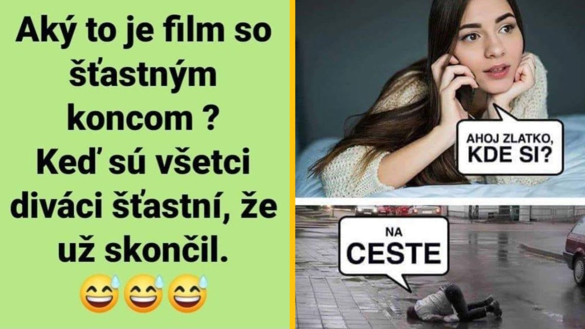 Veselý meme o filme so šťastným koncom a vtipnou výmenou správ medzi partnermi.