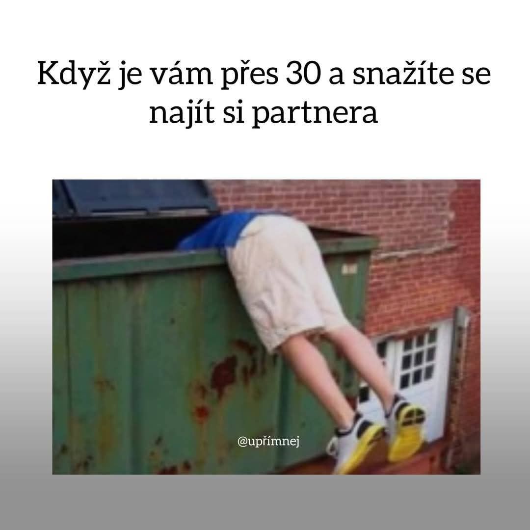Osoba lezie do kontajnera, odkaz na hľadanie partnera po tridsiatke s humoristickým podtónom.