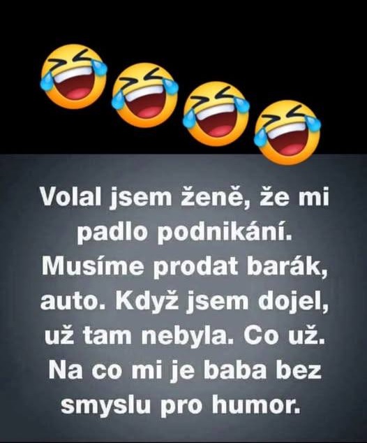 Vtipný text o podnikaní a zmysle pre humor so smejúcimi sa emotikonmi.