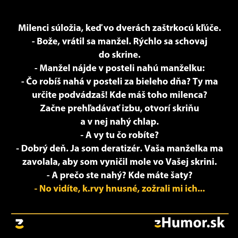 Vtipná ilustrácia manželskej scény s milencom schovaným v skrini a nečakaným vysvetlením jeho prítomnosti.