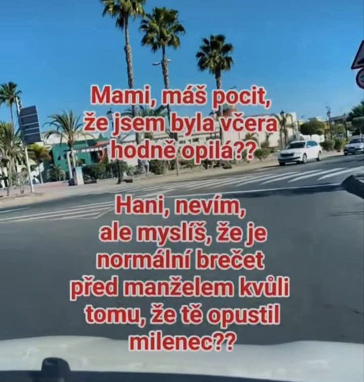 Jezero s palmami a cestná križovatka s humorným textom o opitosti a vzťahových problémoch.