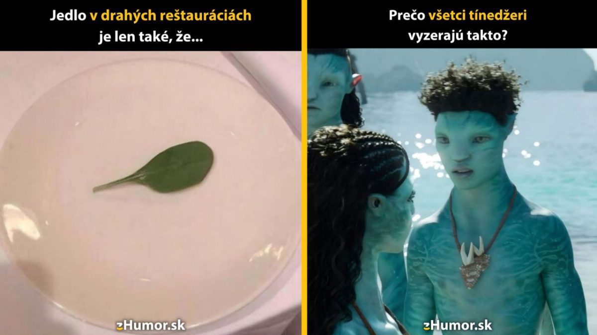 Jedlo v luxusnej reštaurácii s jediným listom na tanieri. Vedľa postavy na pláži z filmu. Humorný kontrast.