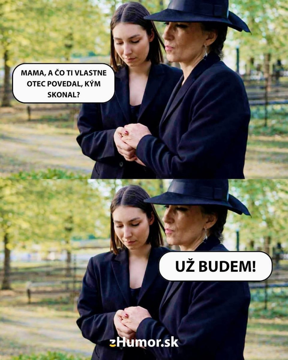 Dve ženy v čiernom oblečení na cintoríne, jedna pýta na posledné slová zosnulého otca, komiksový obrázok.