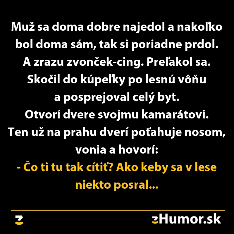 Vtipný text o mužovi, ktorý sa snaží zakryť zápach po jedle pomocou osviežovača a reakcia jeho kamaráta na tento pokus.