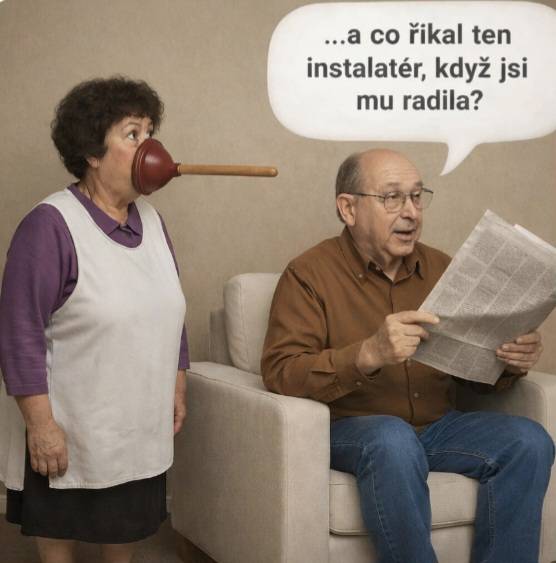 Žena s prísavkou na tvári, muž číta noviny a pýta sa na radu od inštalatéra.