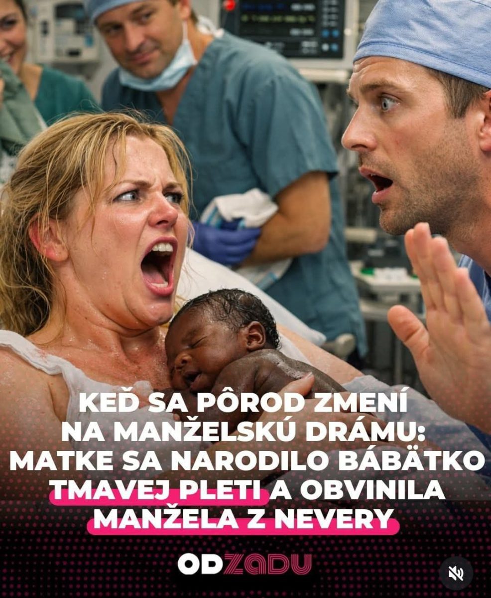 Žena v nemocnici drží novorodenca a kričí na lekára. Text popisuje manželskú drámu po pôrode.