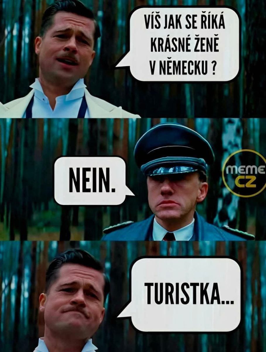 Muž v bielom saku a vojak v lese, vtipná konverzácia o krásnych ženách v Nemecku.